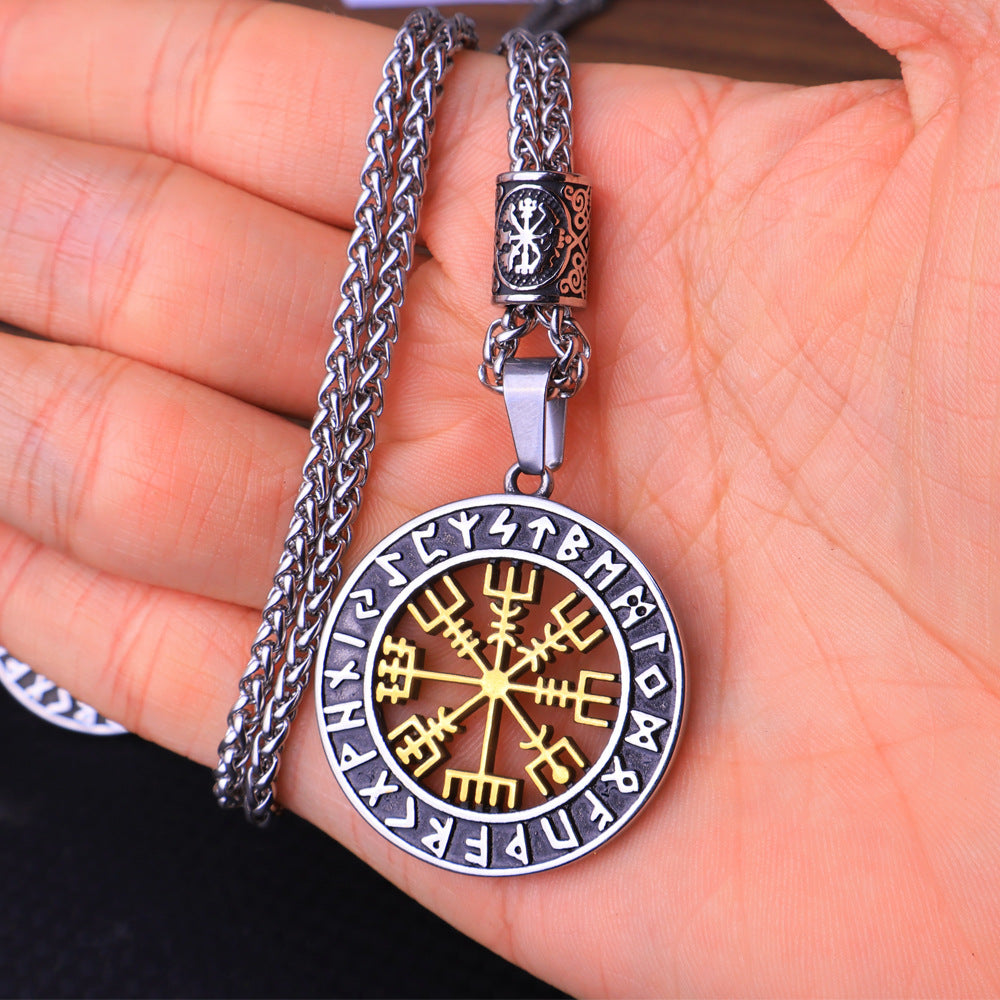 Viking Vegvisir Compass & Runes Pendant Necklace-Stainless Steel