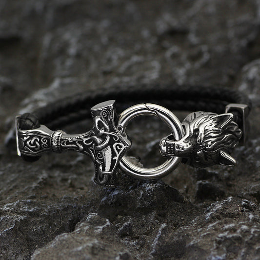 Viking Thor’s Hammer Fenrir Wolf Head Bracelet