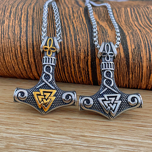 Viking Celtic Triangle Knot & Thor’s Hammer Pendant–Stainless Steel