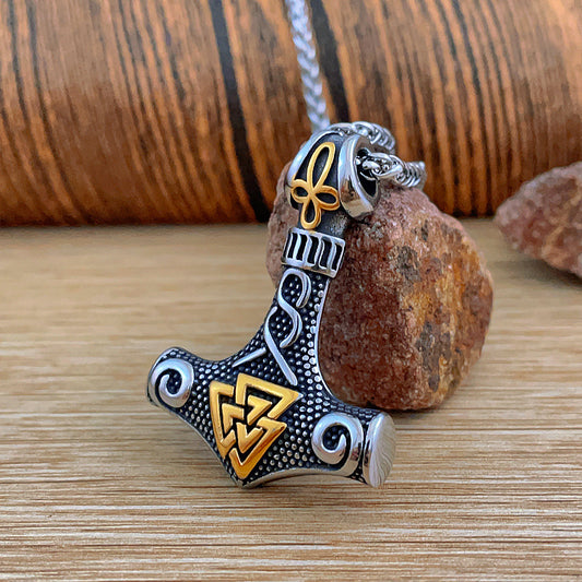 Viking Celtic Triangle Knot & Thor’s Hammer Pendant–Stainless Steel