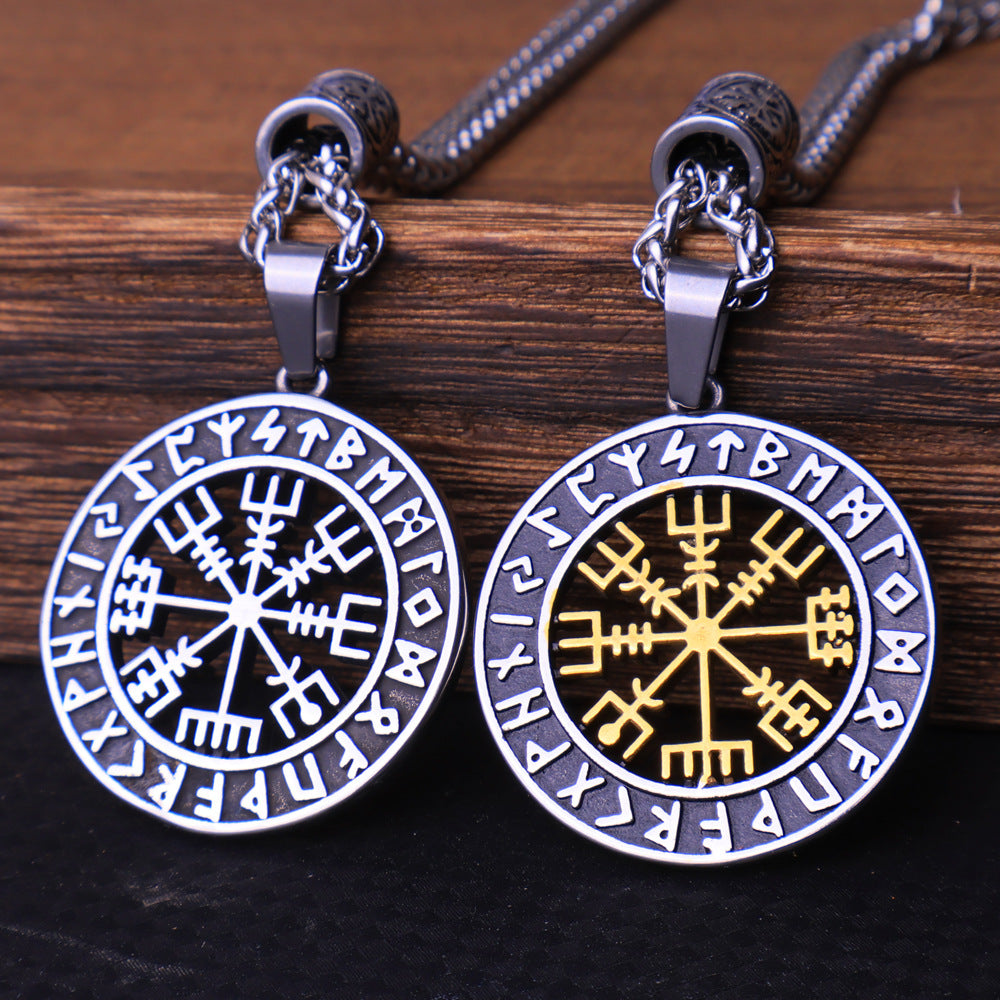 Viking Vegvisir Compass & Runes Pendant Necklace-Stainless Steel