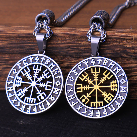 Viking Vegvisir Compass & Runes Pendant Necklace-Stainless Steel