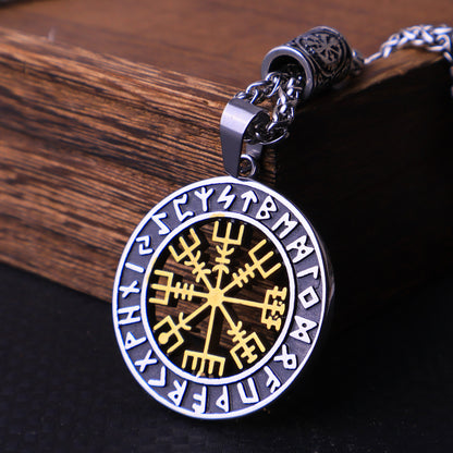 Viking Vegvisir Compass & Runes Pendant Necklace-Stainless Steel