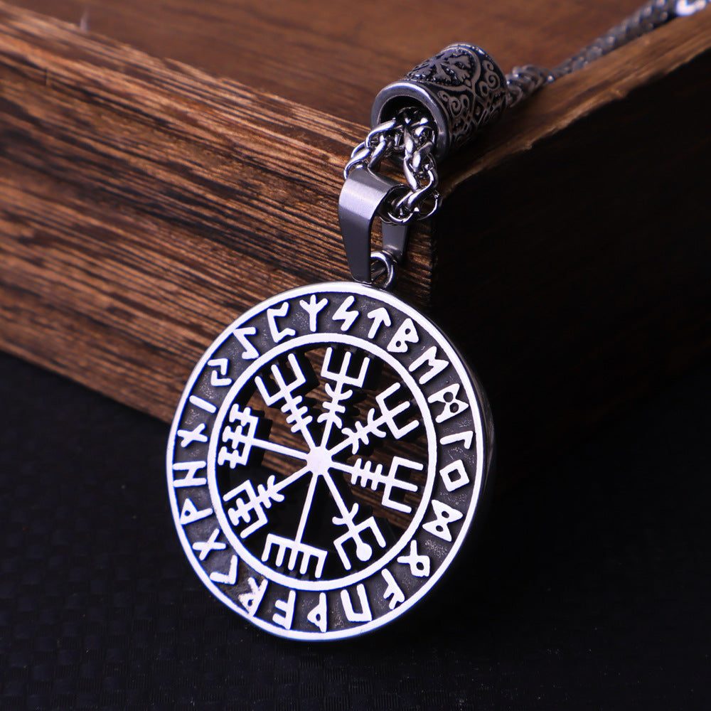 Viking Vegvisir Compass & Runes Pendant Necklace-Stainless Steel