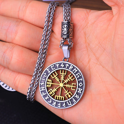 Viking Vegvisir Compass & Runes Pendant Necklace-Stainless Steel