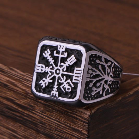 Viking Vegvisir Yggdrasil Ring with Compass Tree of Life