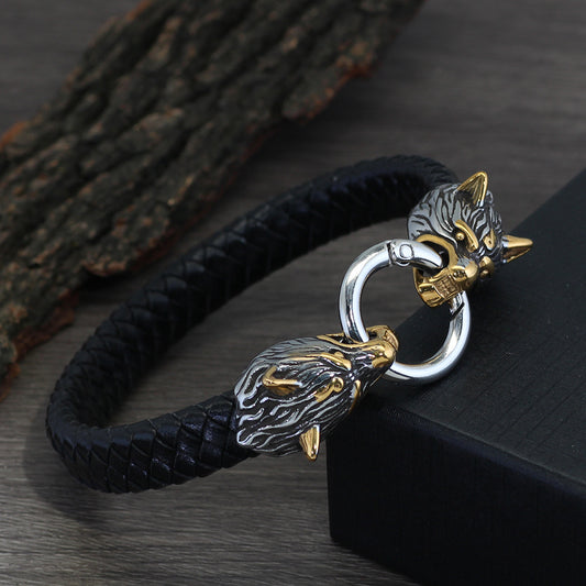 Viking Wolf Head Leather Bracelet