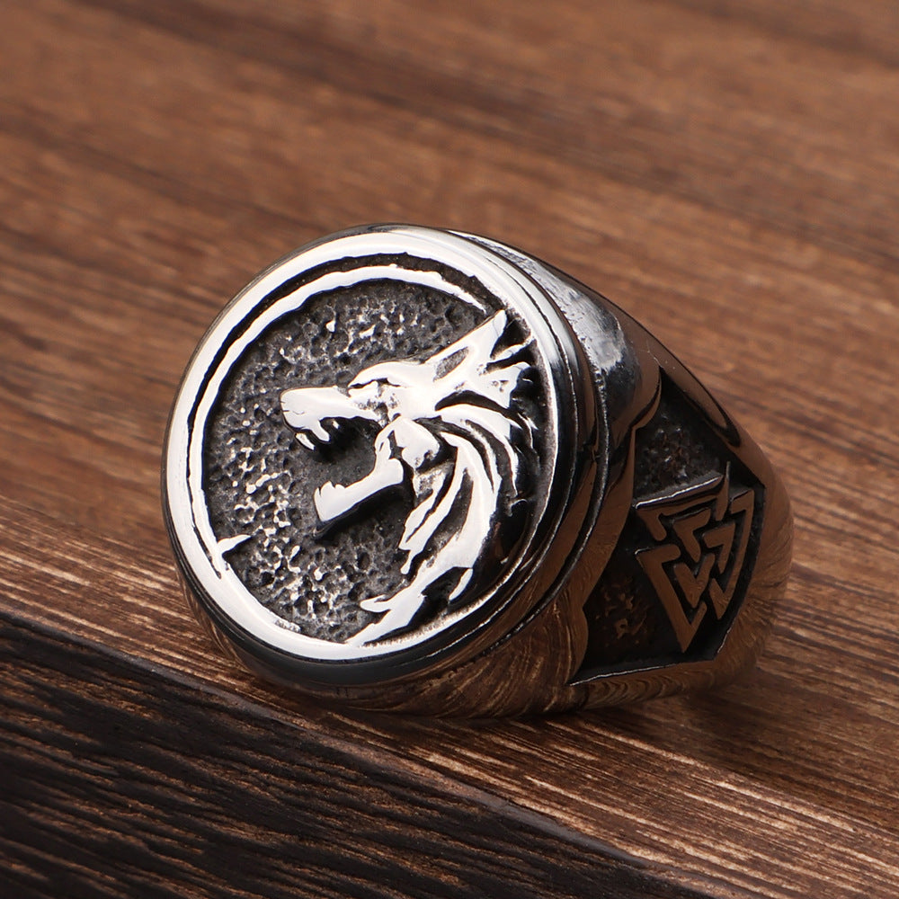 Viking Wolf Head Ring with Valknut
