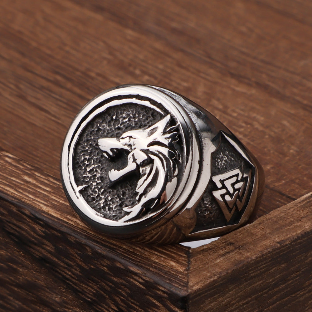 Viking Wolf Head Ring with Valknut