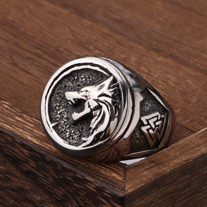 Viking Wolf Head Ring with Valknut