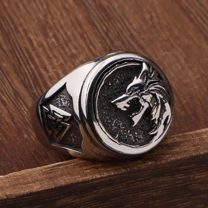Viking Wolf Head Ring with Valknut