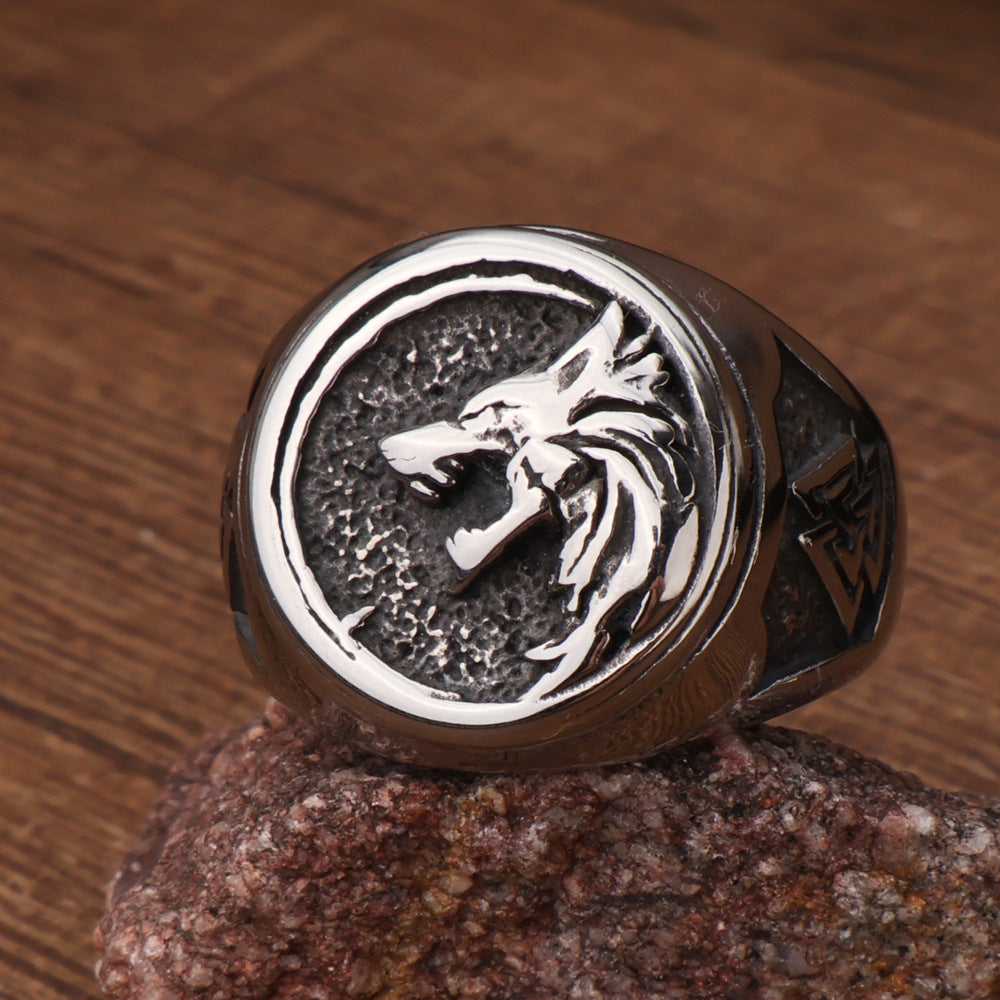 Viking Wolf Head Ring with Valknut