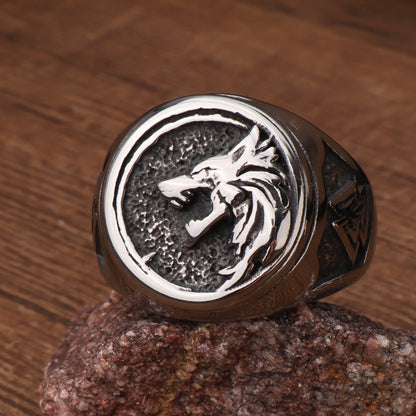 Viking Wolf Head Ring with Valknut